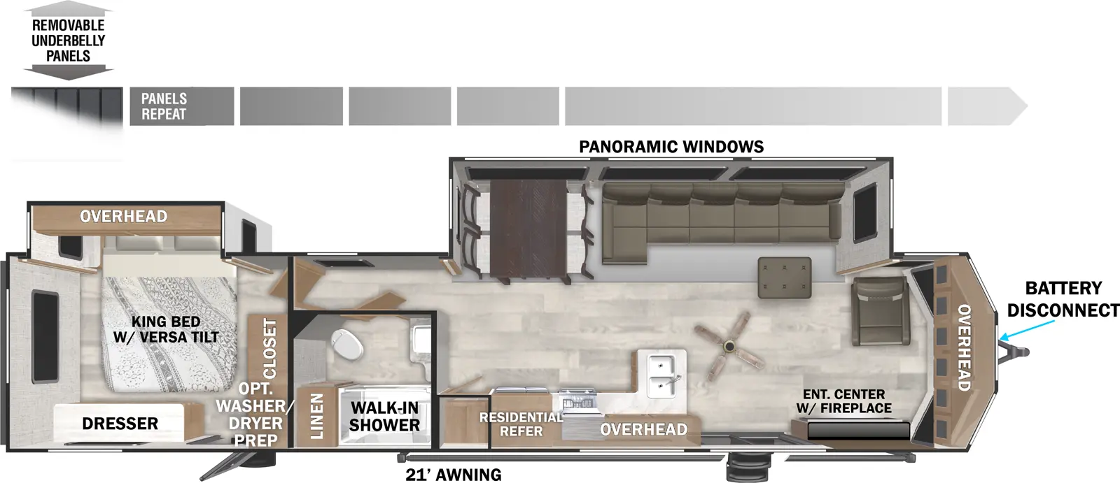 The Salem Villa 40FDEN has two entries and two slide outs. Exterior features include: metal or fiberglass exterior and 21' awning. Interiors features include: rear bedroom and front living.